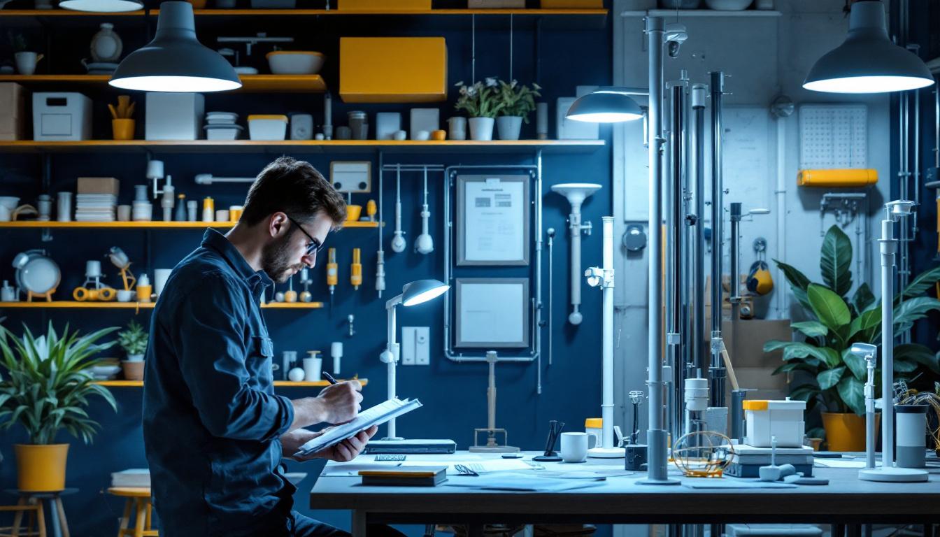 A photograph of a well-organized workspace featuring various light pole designs and components