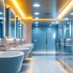 A photograph of a well-lit commercial restroom showcasing modern lighting fixtures and design elements
