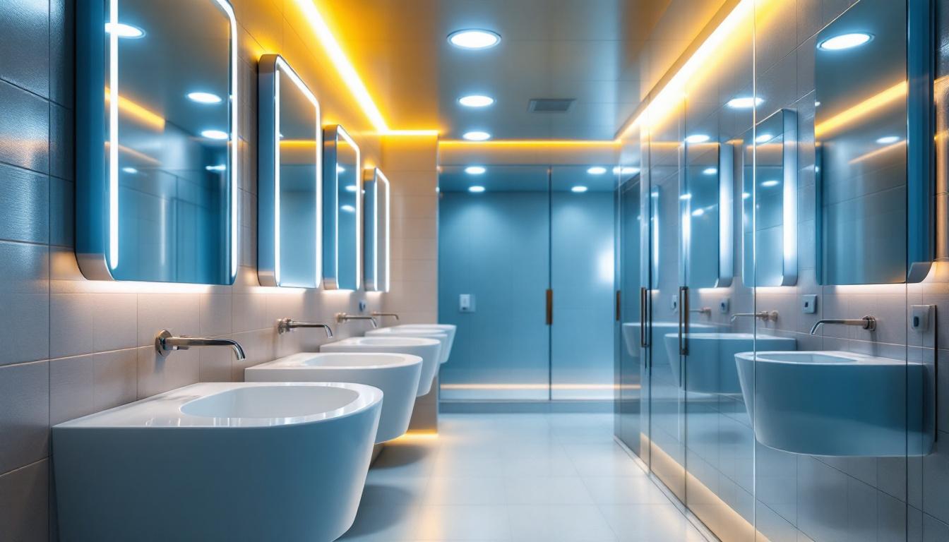 A photograph of a well-lit commercial restroom showcasing modern lighting fixtures and design elements
