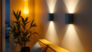 A photograph of a stylish basement space featuring modern wall sconces that highlight the evolution of lighting design