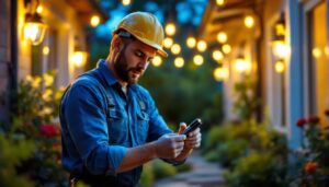 A photograph of a lighting contractor expertly installing waterproof wire connectors in a residential outdoor setting