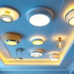 A photograph of a beautifully designed ceiling featuring various types of ceiling lights