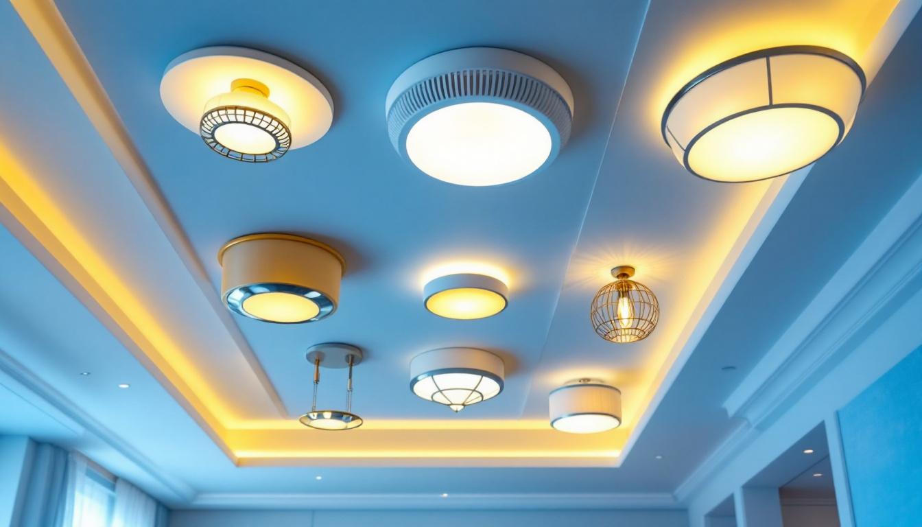 A photograph of a beautifully designed ceiling featuring various types of ceiling lights