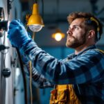 A photograph of a lighting contractor in action