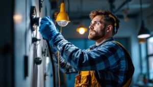 A photograph of a lighting contractor in action