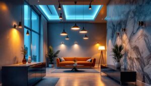 A photograph of a modern lighting installation in an upscale setting