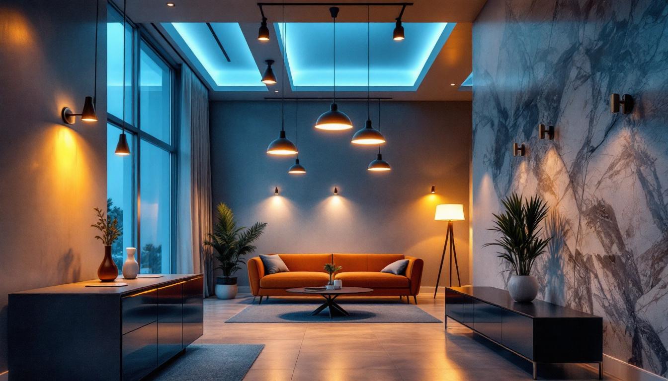 A photograph of a modern lighting installation in an upscale setting