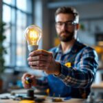 A photograph of a lighting contractor skillfully installing a mogul socket bulb in a well-lit