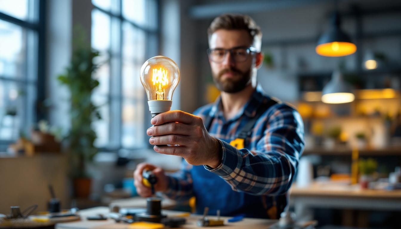A photograph of a lighting contractor skillfully installing a mogul socket bulb in a well-lit