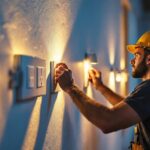 A photograph of a skilled lighting contractor installing or examining various wall outlets in a well-lit