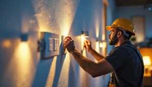 A photograph of a skilled lighting contractor installing or examining various wall outlets in a well-lit