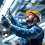 A photograph of a lighting contractor installing 4ft t8 led lights in a commercial setting