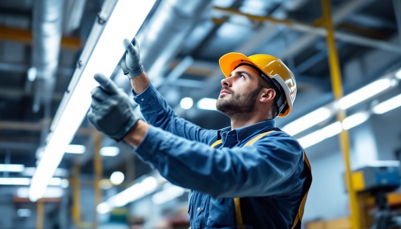 A photograph of a lighting contractor installing 4ft t8 led lights in a commercial setting