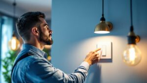 A photograph of a lighting contractor expertly installing a light fan switch in a modern home setting