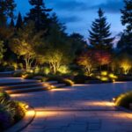 A photograph of a beautifully illuminated garden at dusk