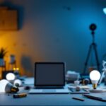 A photograph of a well-lit workspace featuring a variety of a19 led bulbs in different settings