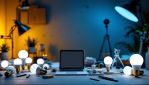 A photograph of a well-lit workspace featuring a variety of a19 led bulbs in different settings
