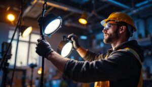 A photograph of a lighting contractor expertly installing or adjusting a set of sleek
