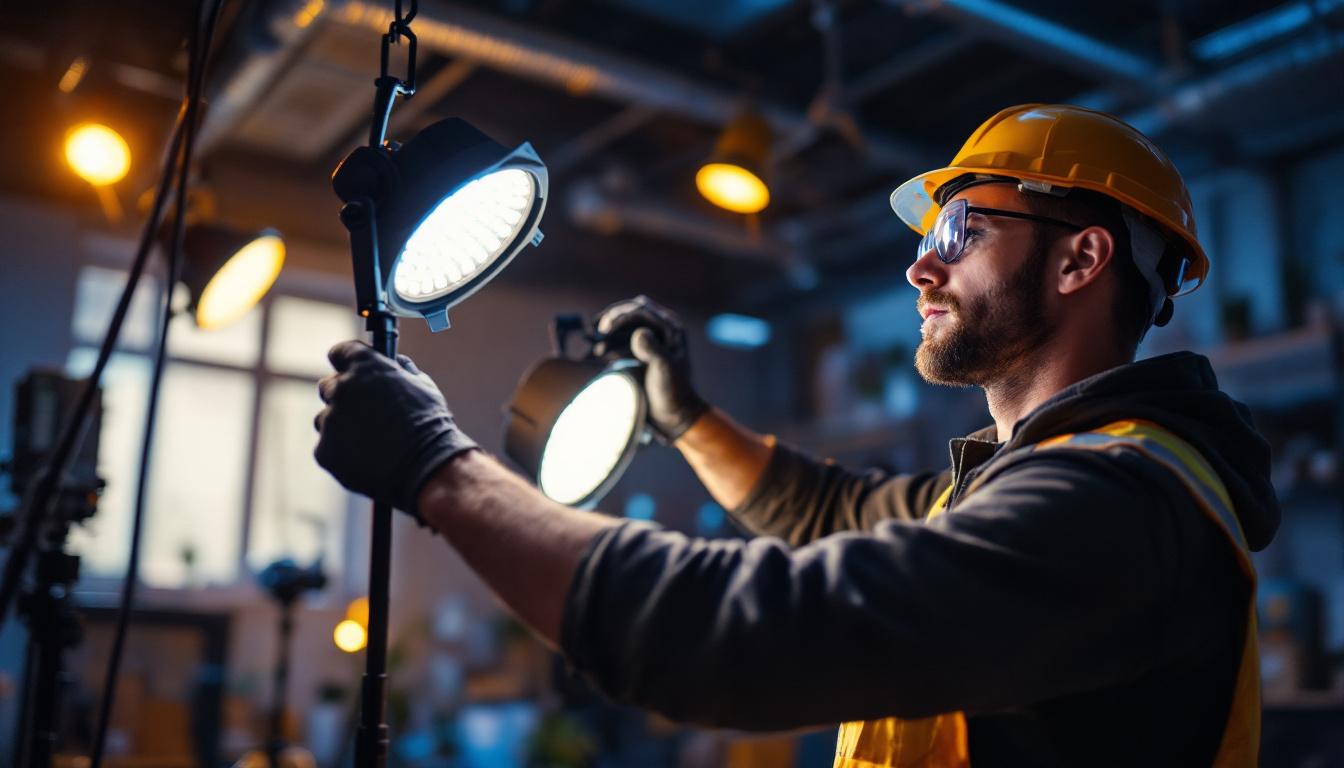 A photograph of a lighting contractor expertly installing or adjusting a set of sleek
