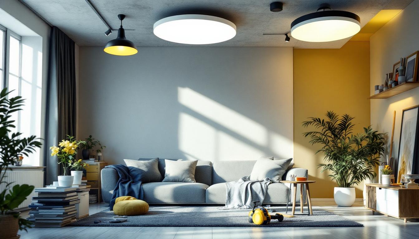 A photograph of a well-lit sitting room featuring various ceiling light fixtures