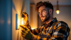 A photograph of a skilled lighting contractor installing a modern light switch in a stylish home setting