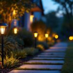 A photograph of a beautifully illuminated outdoor space featuring solar lights with timers