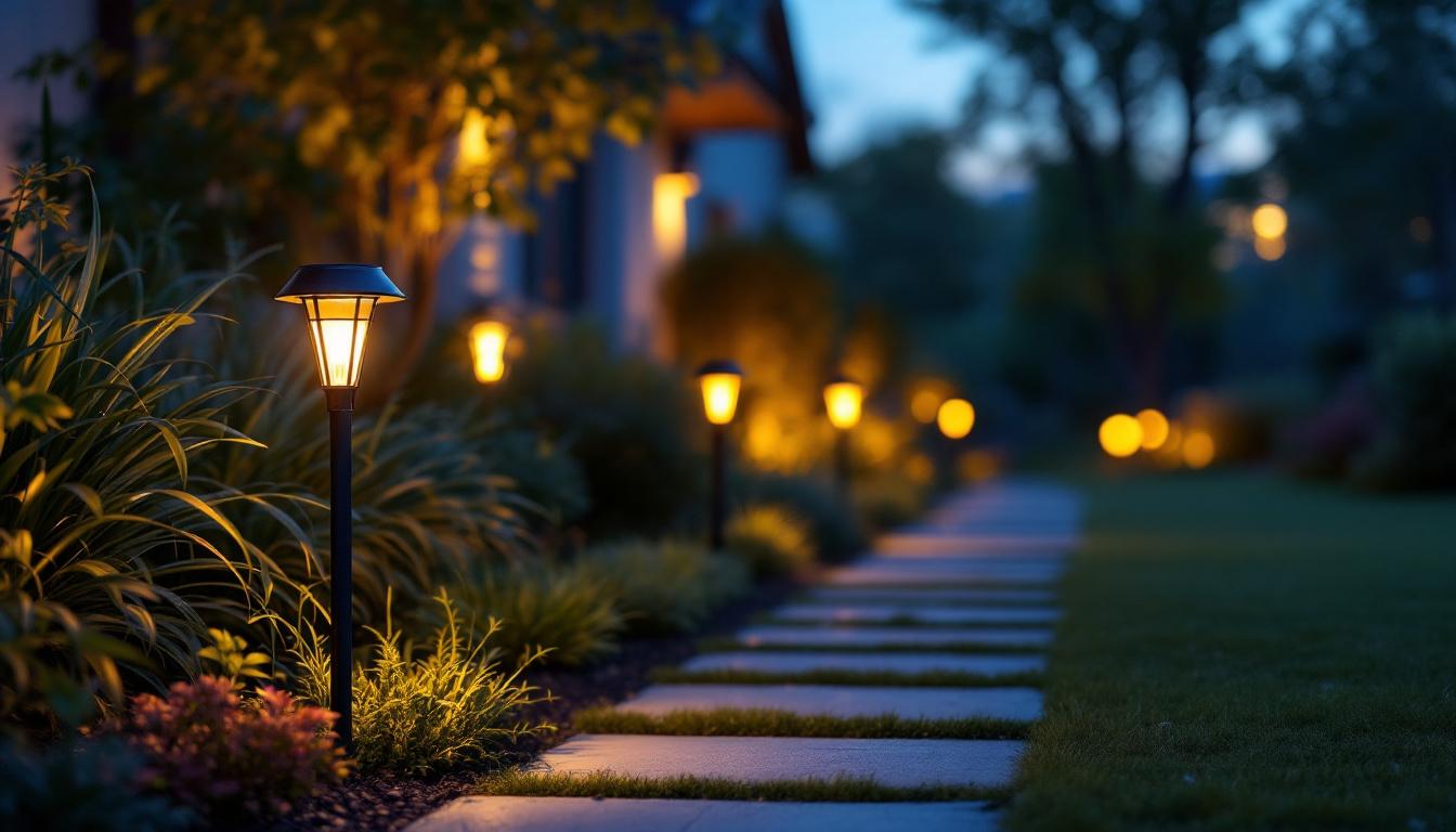 A photograph of a beautifully illuminated outdoor space featuring solar lights with timers