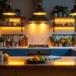A photograph of a beautifully designed kitchen featuring modern can lighting