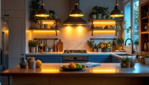 A photograph of a beautifully designed kitchen featuring modern can lighting