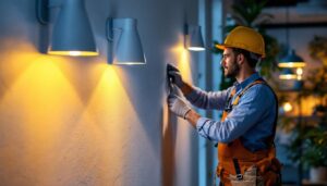 A photograph of a modern lighting installation featuring contemporary led light fixtures in a stylish interior setting
