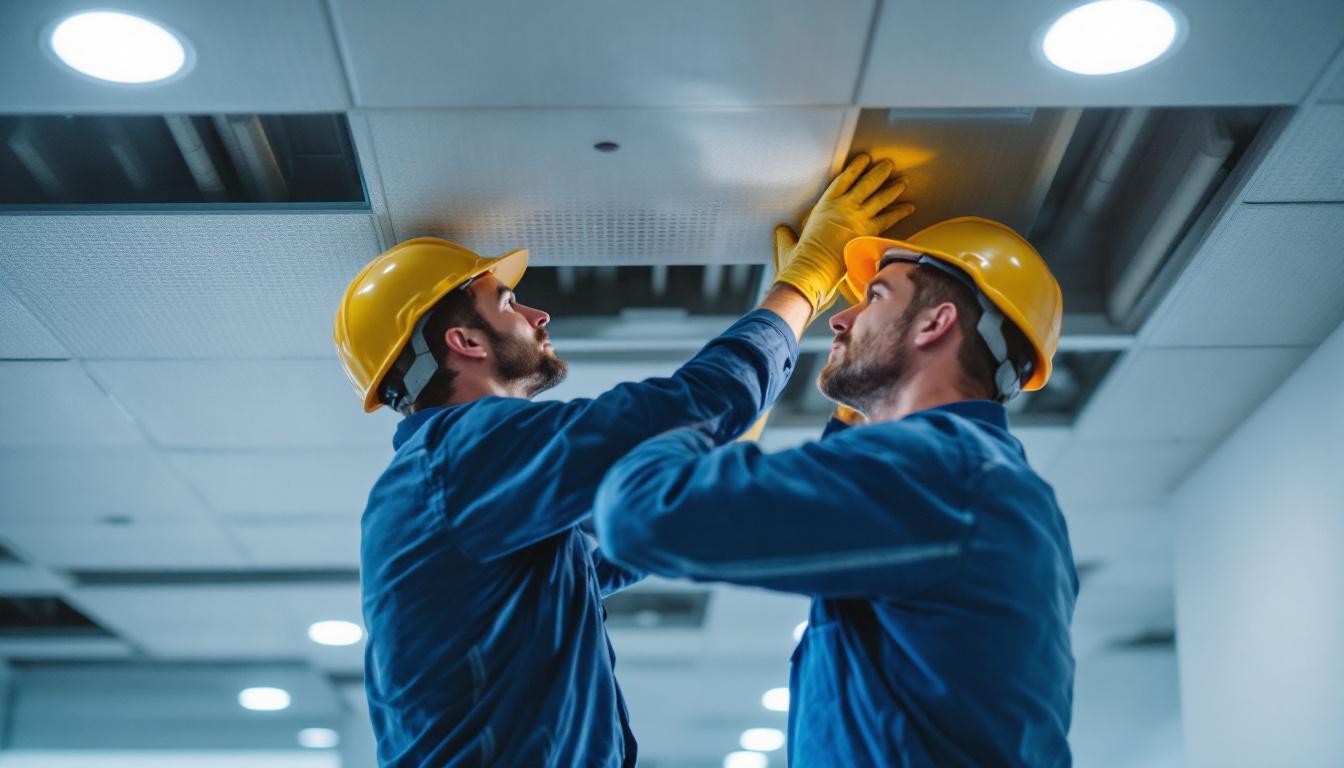 A photograph of a lighting contractor installing recessed drop ceiling tiles in a commercial space