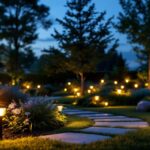 A photograph of a beautifully landscaped garden at dusk