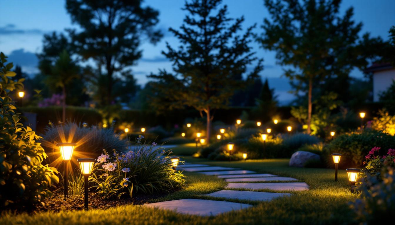 A photograph of a beautifully landscaped garden at dusk