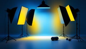 A photograph of a beautifully arranged lighting setup featuring various light diffusers in action