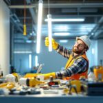 A photograph of a well-lit workspace featuring a lighting contractor installing or inspecting 4ft fluorescent tubes