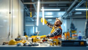 A photograph of a well-lit workspace featuring a lighting contractor installing or inspecting 4ft fluorescent tubes