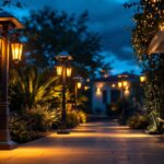 A photograph of a beautifully illuminated outdoor space showcasing various styles of night lights