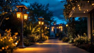 A photograph of a beautifully illuminated outdoor space showcasing various styles of night lights