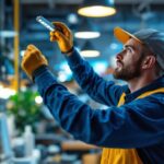 A photograph of a lighting contractor in action