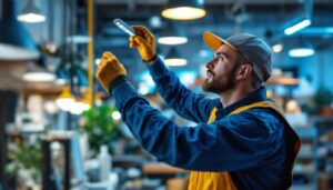 A photograph of a lighting contractor in action