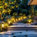 A photograph of a beautifully illuminated outdoor space featuring various types of landscape lighting connectors in use