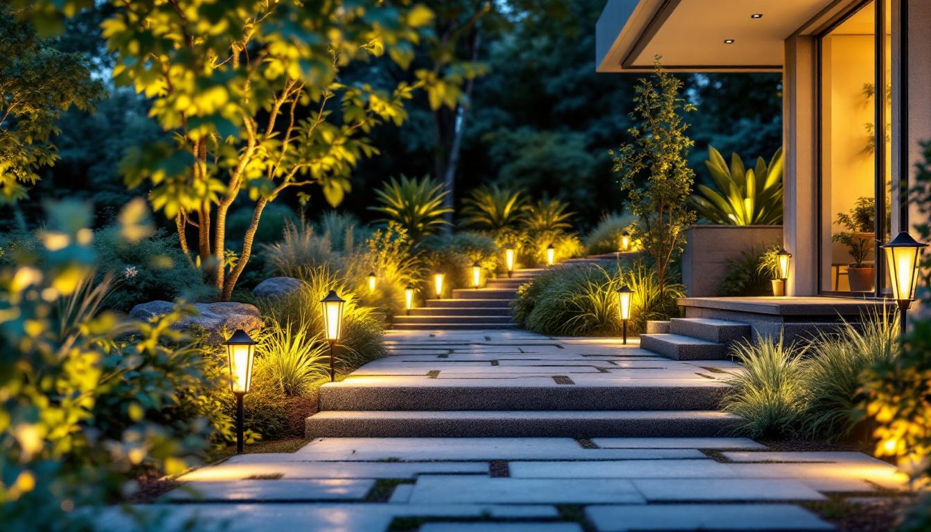 A photograph of a beautifully illuminated outdoor space featuring various types of landscape lighting connectors in use
