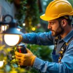A photograph of a skilled lighting contractor expertly installing outdoor lights in a beautifully landscaped garden