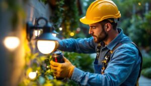 A photograph of a skilled lighting contractor expertly installing outdoor lights in a beautifully landscaped garden