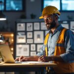 A photograph of a lighting contractor confidently presenting a lighting design proposal to a client