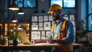 A photograph of a lighting contractor confidently presenting a lighting design proposal to a client