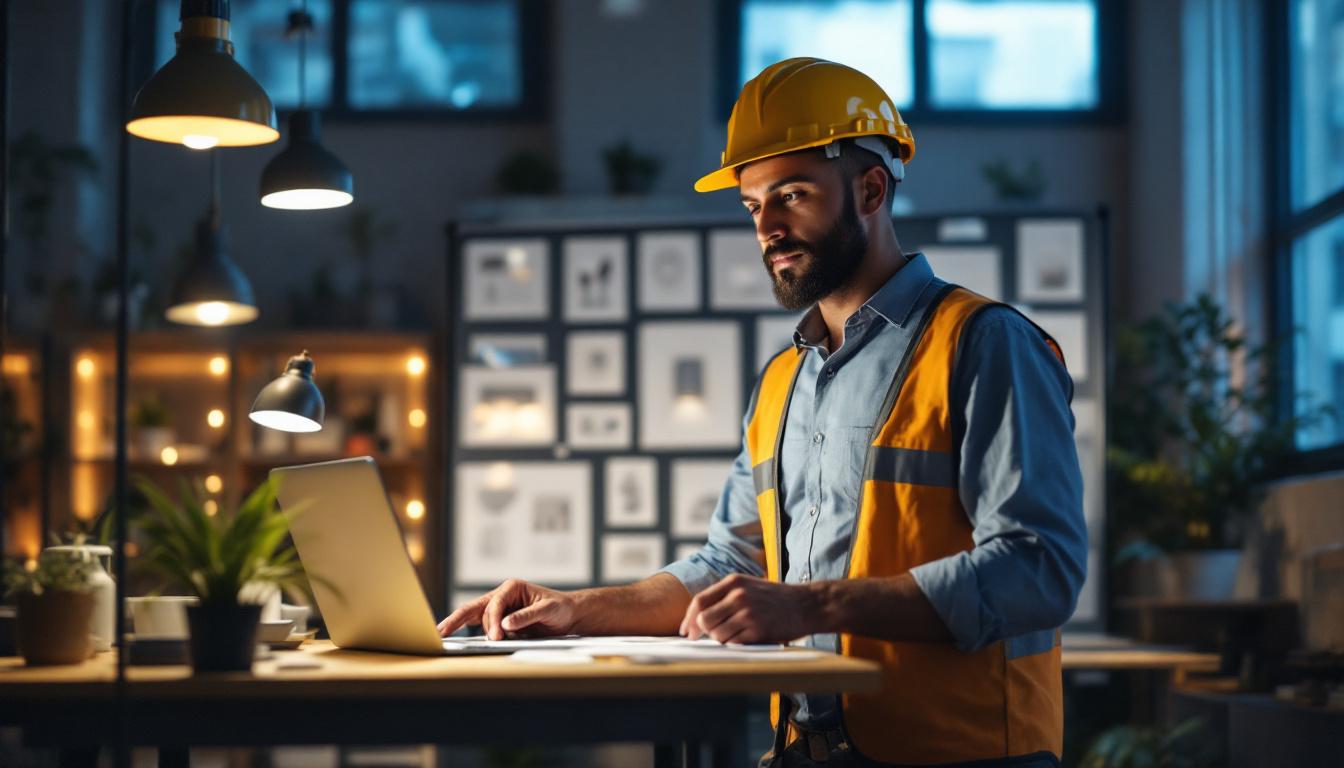 A photograph of a lighting contractor confidently presenting a lighting design proposal to a client