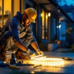 A photograph of a lighting contractor skillfully installing a 50-foot led tape light in a residential or commercial setting