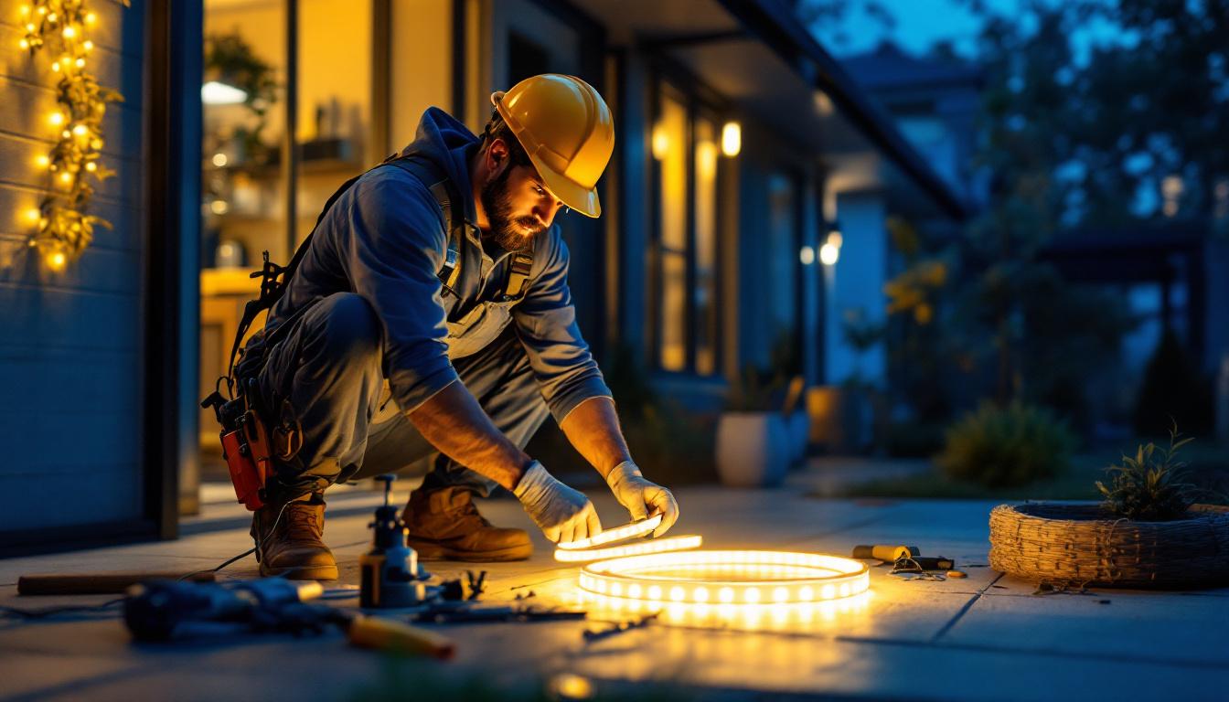 A photograph of a lighting contractor skillfully installing a 50-foot led tape light in a residential or commercial setting