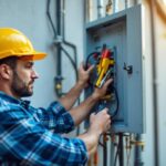 A photograph of a skilled electrician replacing an outdoor electrical panel cover